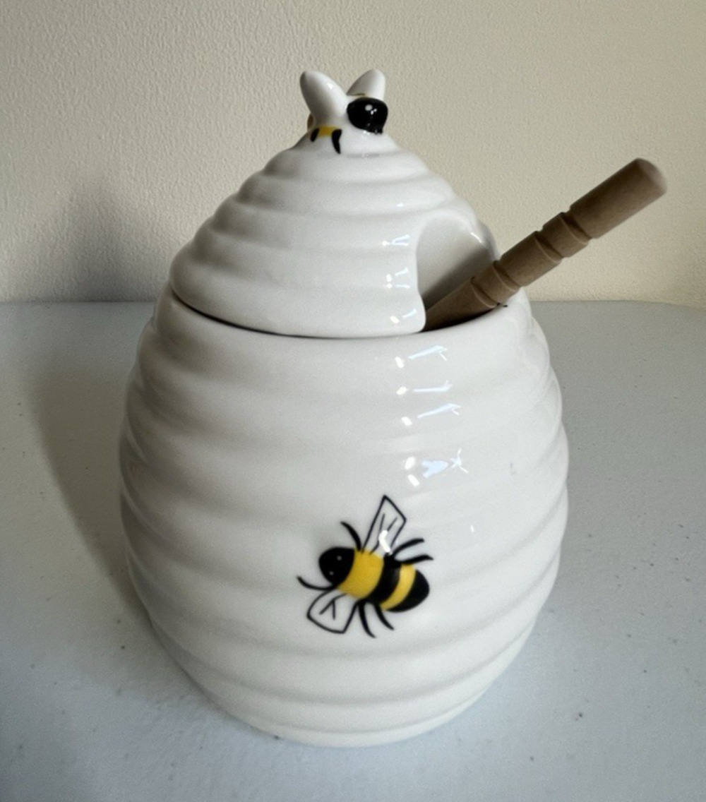 Ceramic Bee Honey Jar Wooden Dipper Beehive Kitchen Decor Cottagecore Farmhouse